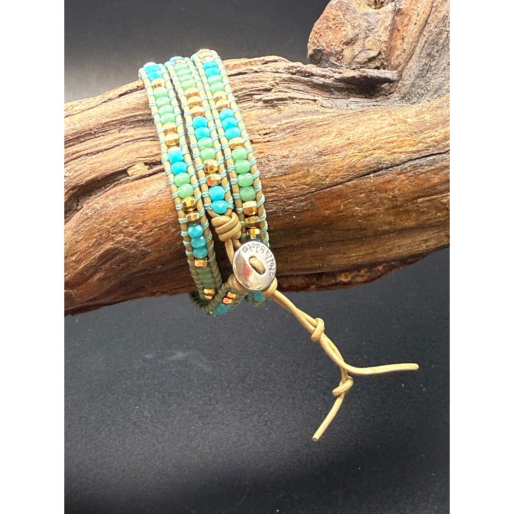 Stella & Dot Turquoise Green Beaded Leather Wrap Bracelet Gold Tone Boho